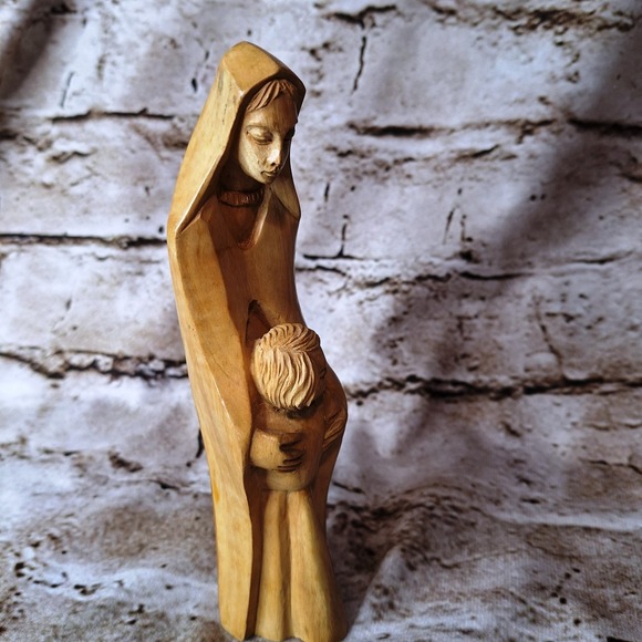 VTG Virgin Mary & Jesus Figurine Carved Statue Olive Wood Holy Land 7" - Picture 7 of 12